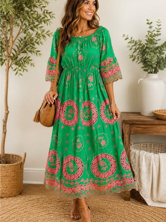 ADDCONFDT Dresses & Skirts - NWT ADDCONFDT Boho Green & Pink Embroidered Midi Dress | Size M 🌿